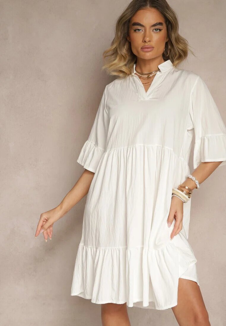 j studio Rochie Cloche Albă cu Viscoză și Volane Eviranna