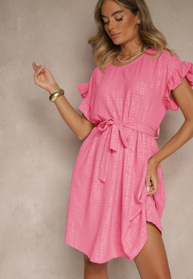 j studio Rochie fucsia cu curea și volane la mâneci Folunelle