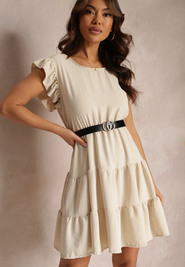 j studio Rochie Mini Bej deschis cu volane centură și elastic în talie Lavada