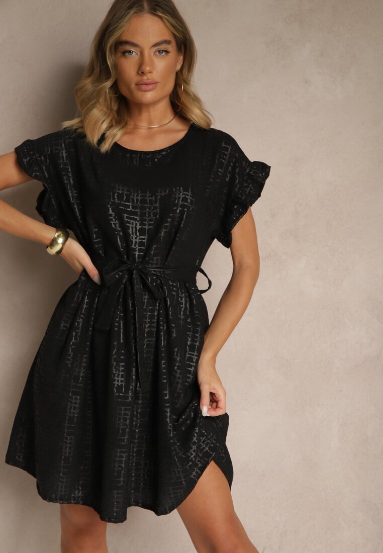 j studio Rochie Neagră cu Curea și Volane la Mâneci Folunelle