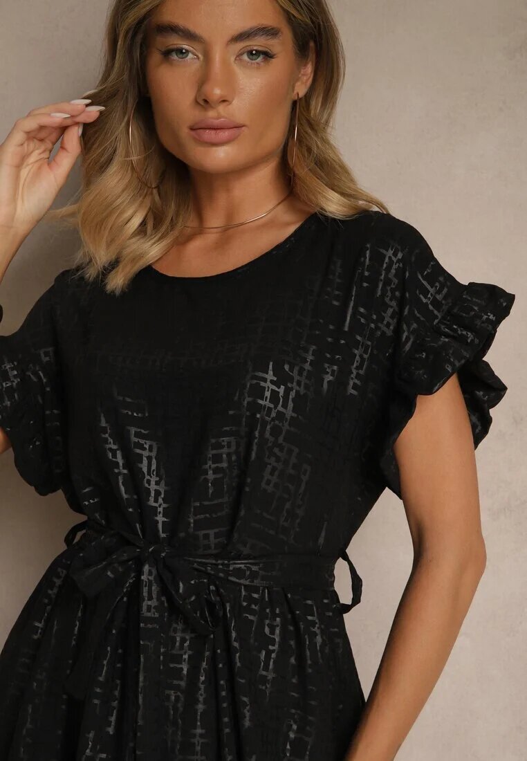 j studio Rochie Neagră cu Curea și Volane la Mâneci Folunelle