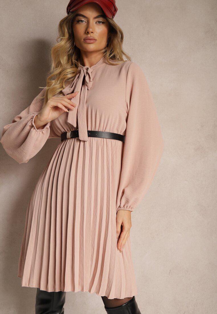j studio Rochie Roz Plisată cu Croială Elegantă cu Legătură la Decolteu și Elastic în Talie Belorinda