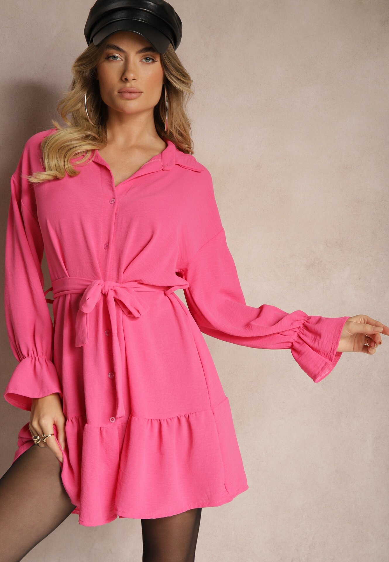 j studio Rochie roz tip cămașă mini cu volan și cordon legat Blisotta