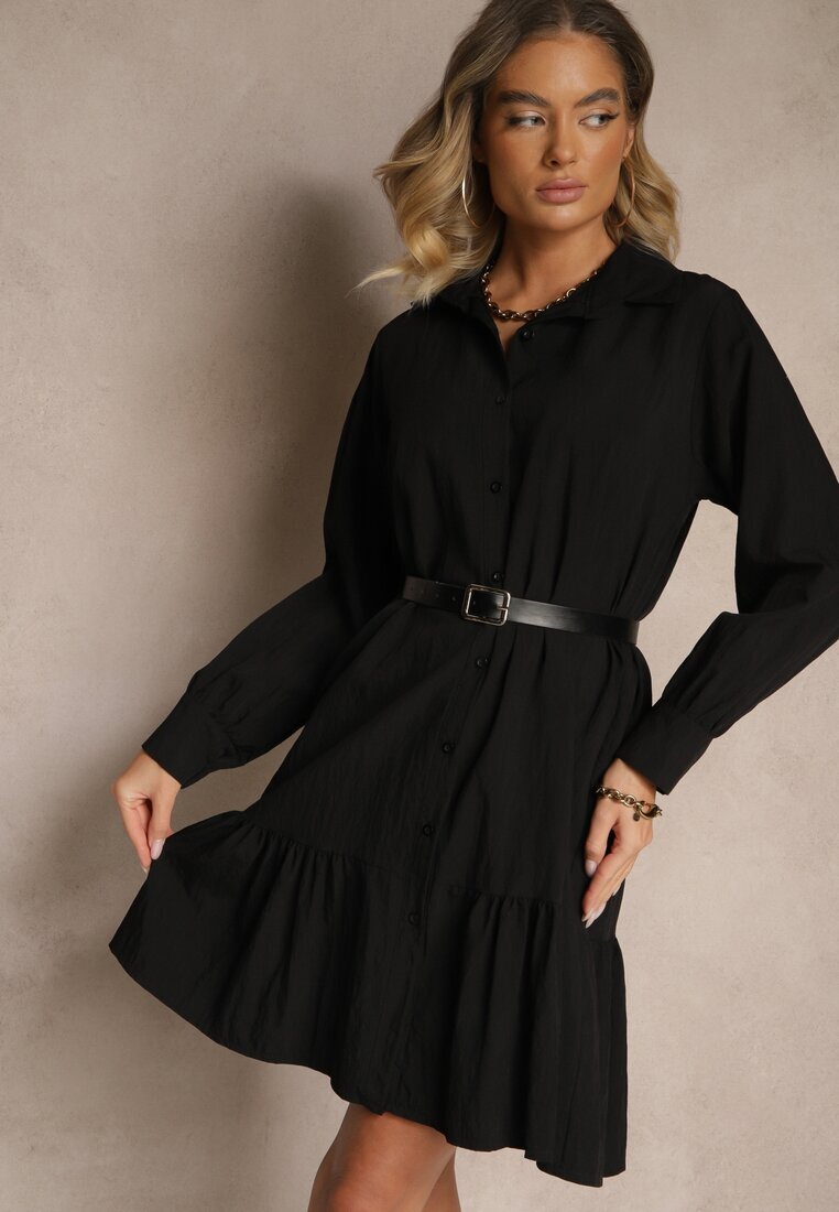 j studio Rochie tip cămașă Neagră cu Viscoză cu Volan Tirzedi