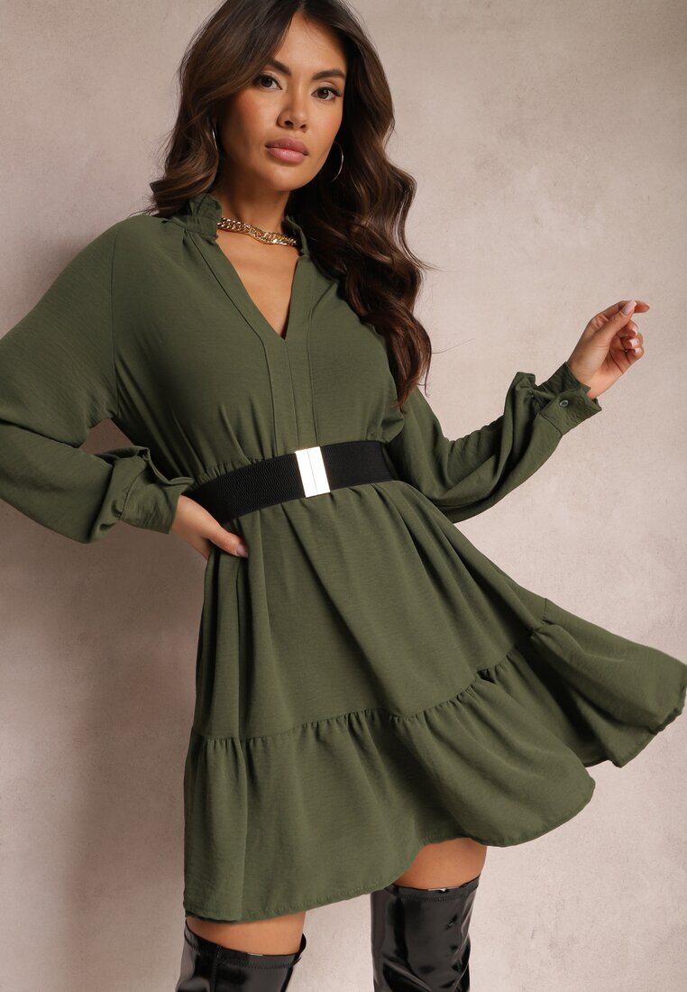 j studio Rochie Verde Cloș Mini cu Volane Atercja