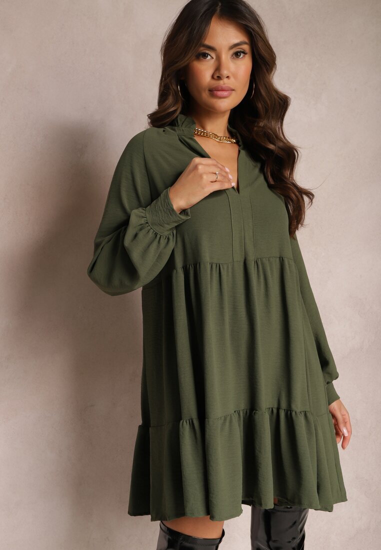 j studio Rochie Verde Cloș Mini cu Volane Atercja