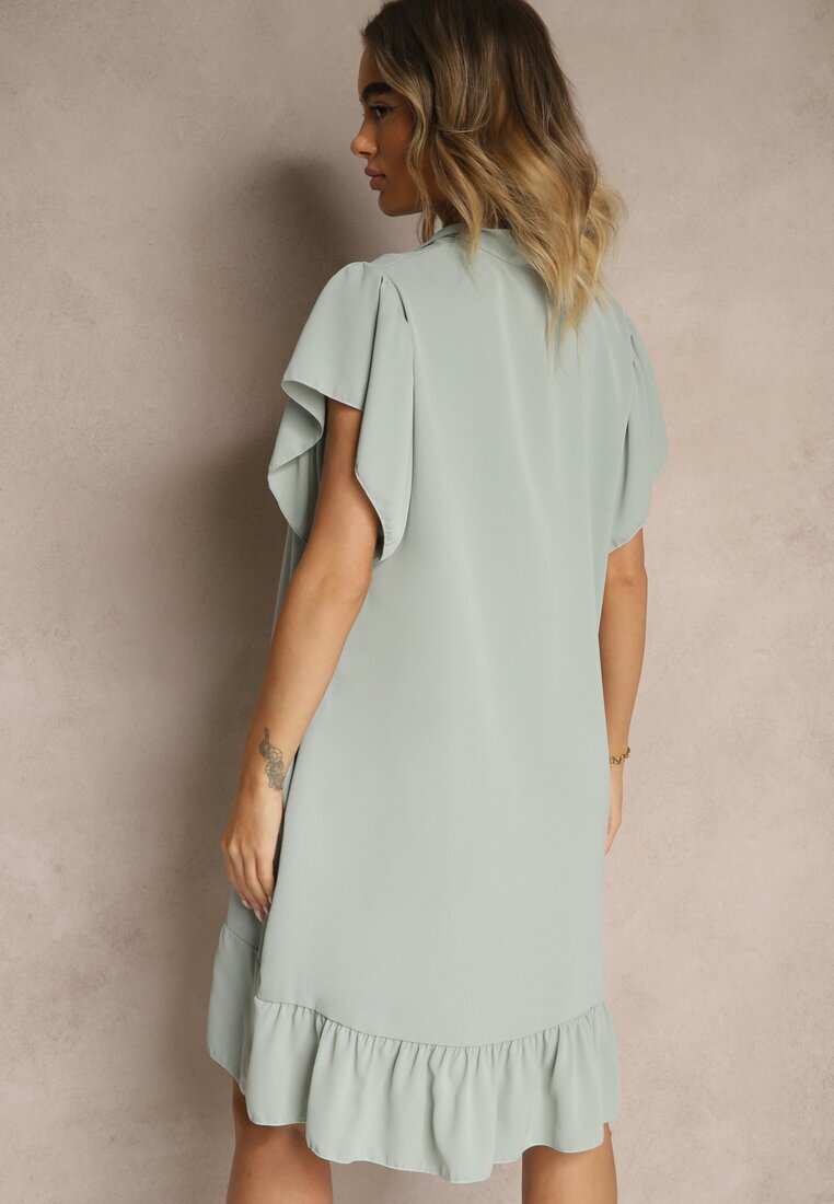 j studio Rochie verde deschis de cămașă decorată cu volane și nasturi Tenelora