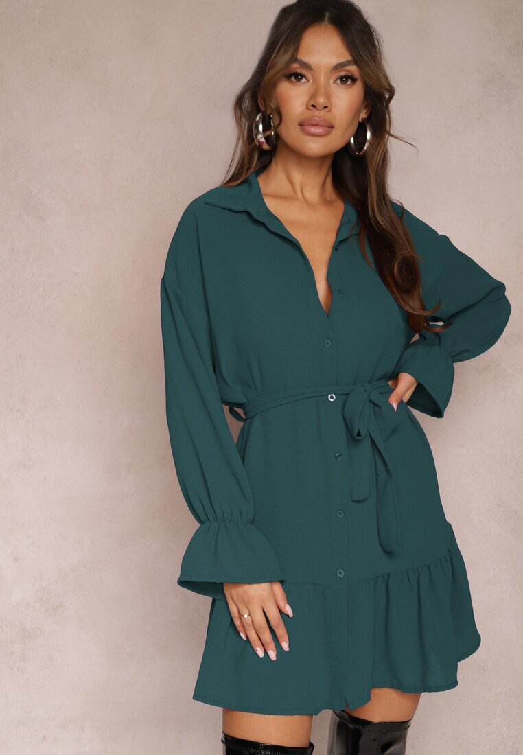 j studio Rochie Verde închis de cămașă Mini cu Volan și Curea Legată Blisotta