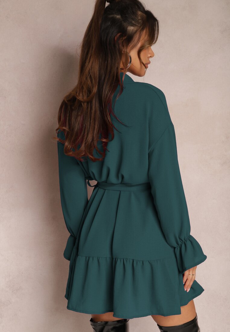 j studio Rochie Verde închis de cămașă Mini cu Volan și Curea Legată Blisotta