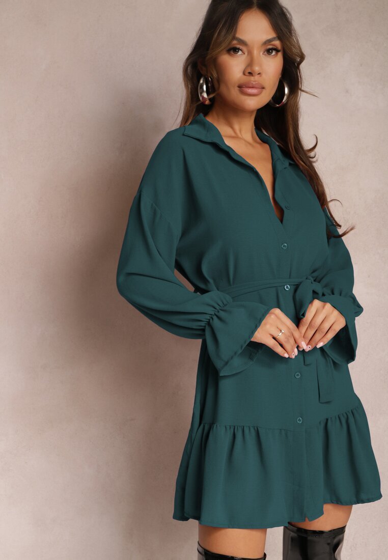 j studio Rochie Verde închis de cămașă Mini cu Volan și Curea Legată Blisotta