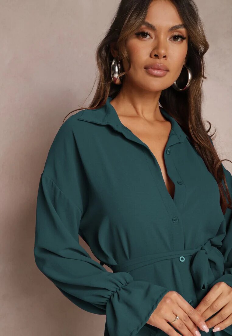 j studio Rochie Verde închis de cămașă Mini cu Volan și Curea Legată Blisotta