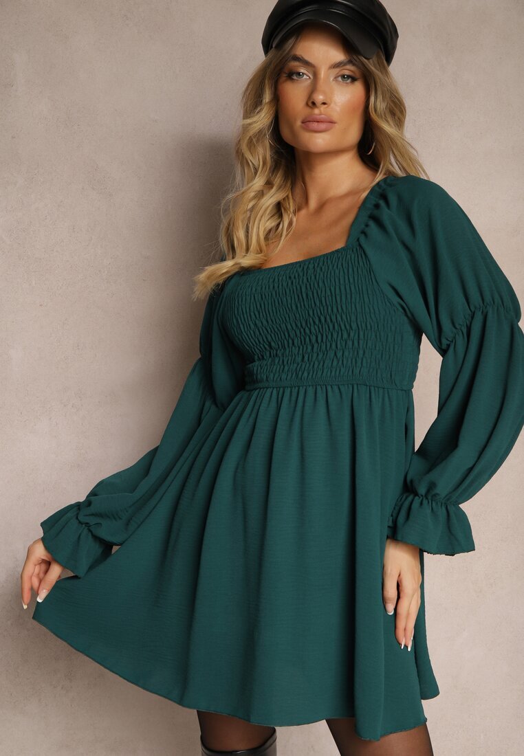 j studio Rochie Verde închisă cu Corsaj elastic cu croi evazat cu volane Savione