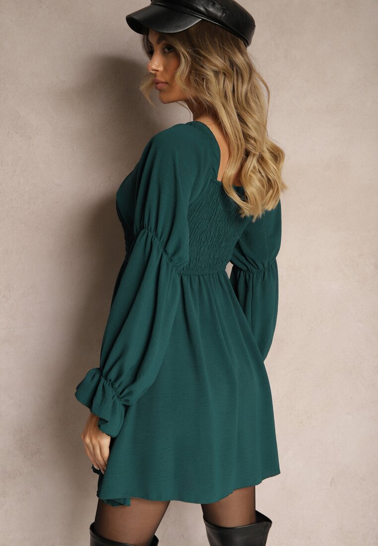 j studio Rochie Verde închisă cu Corsaj elastic cu croi evazat cu volane Savione