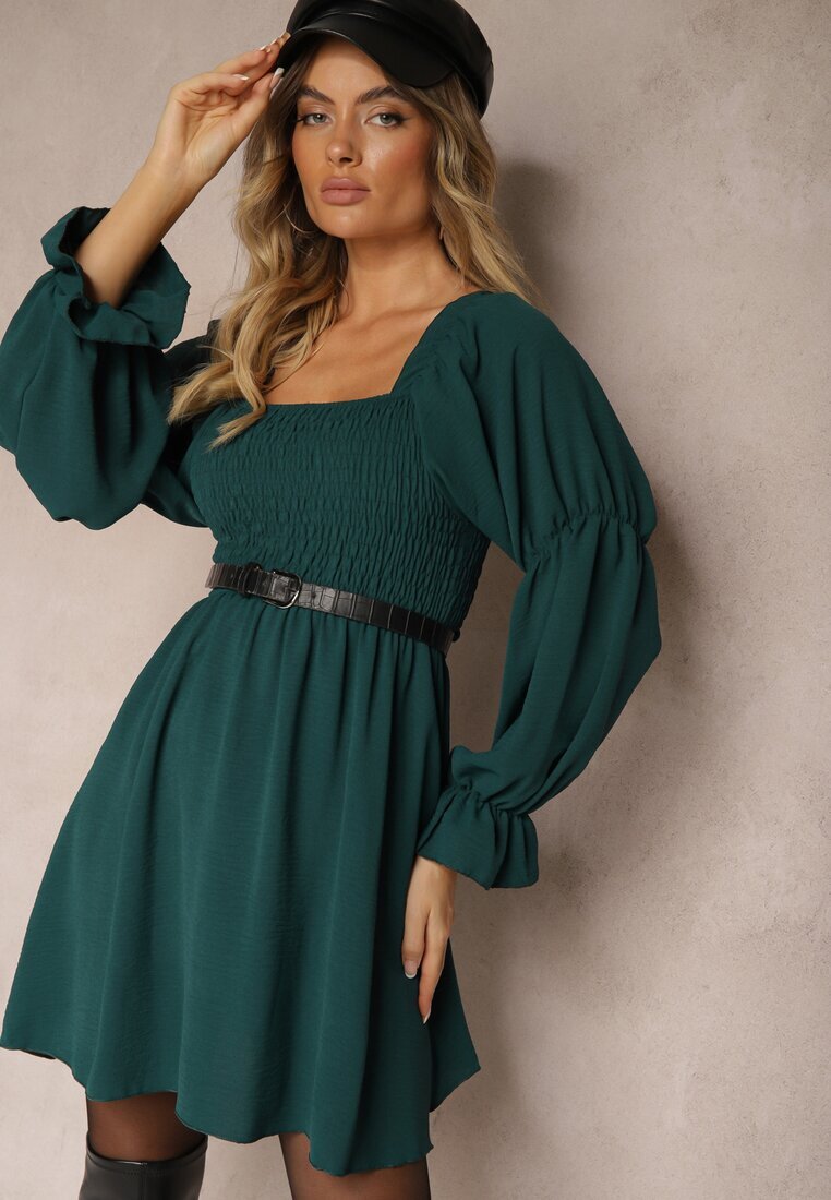 j studio Rochie Verde închisă cu Corsaj elastic cu croi evazat cu volane Savione