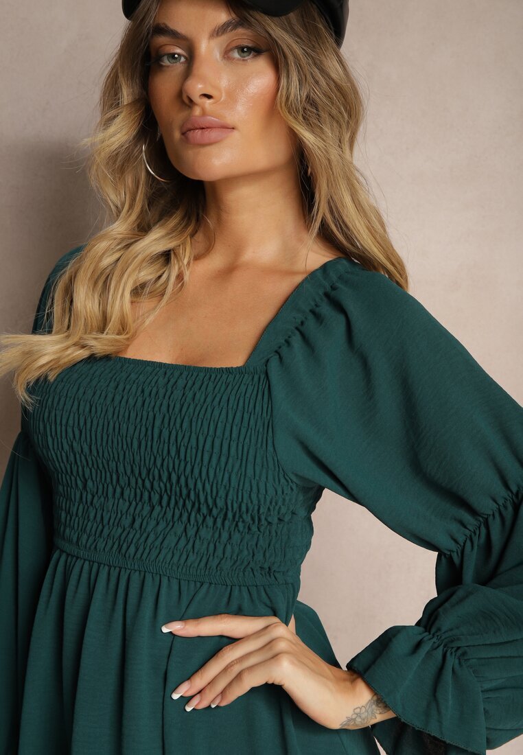 j studio Rochie Verde închisă cu Corsaj elastic cu croi evazat cu volane Savione