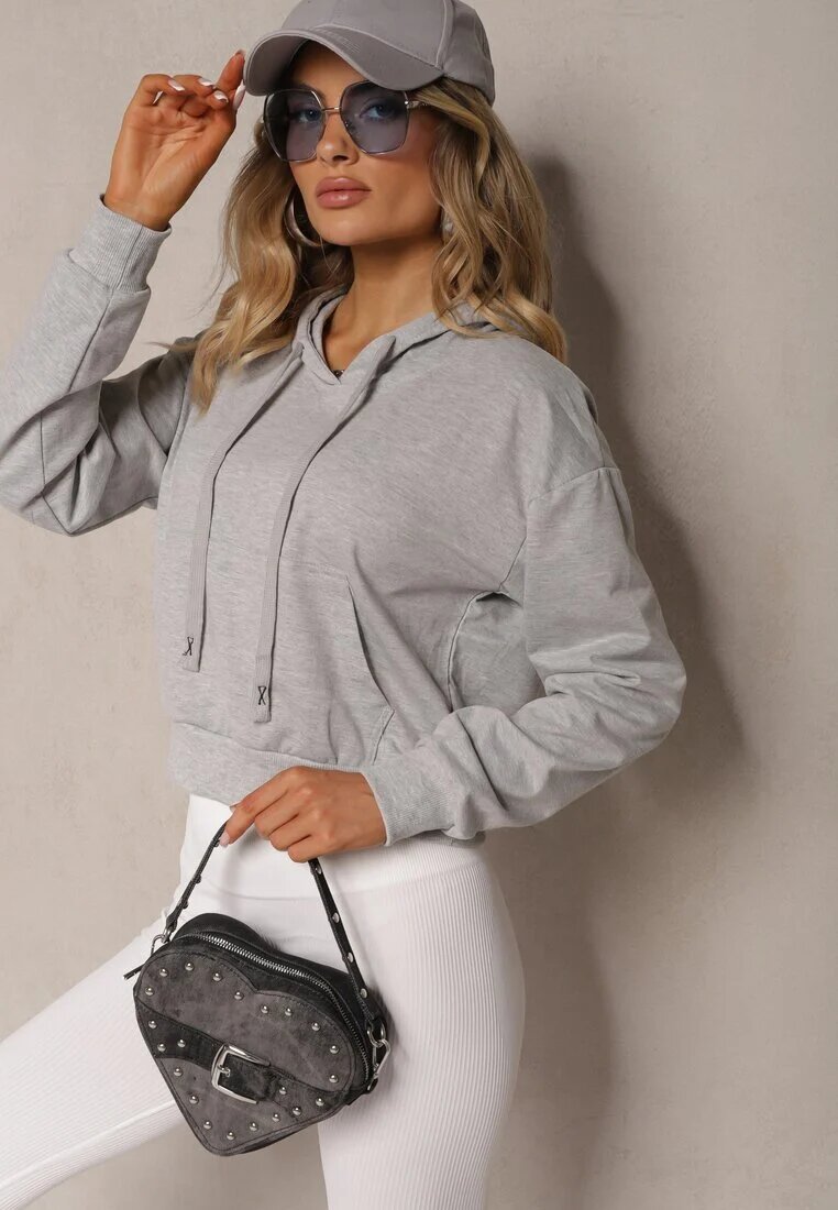j.style Bluză gri deschis cu glugă din bumbac decorată cu borduri elastice Evianae