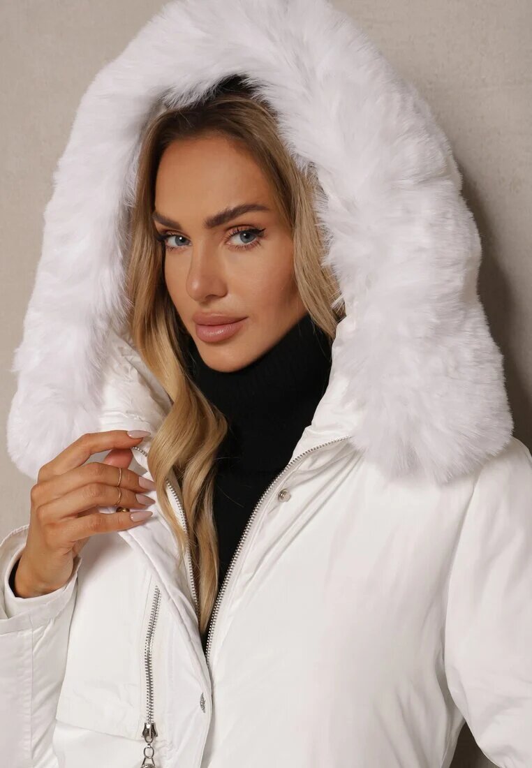 j.style Geacă Albă Legată în Talie cu Glugă și Blană Detașabilă Tintethia