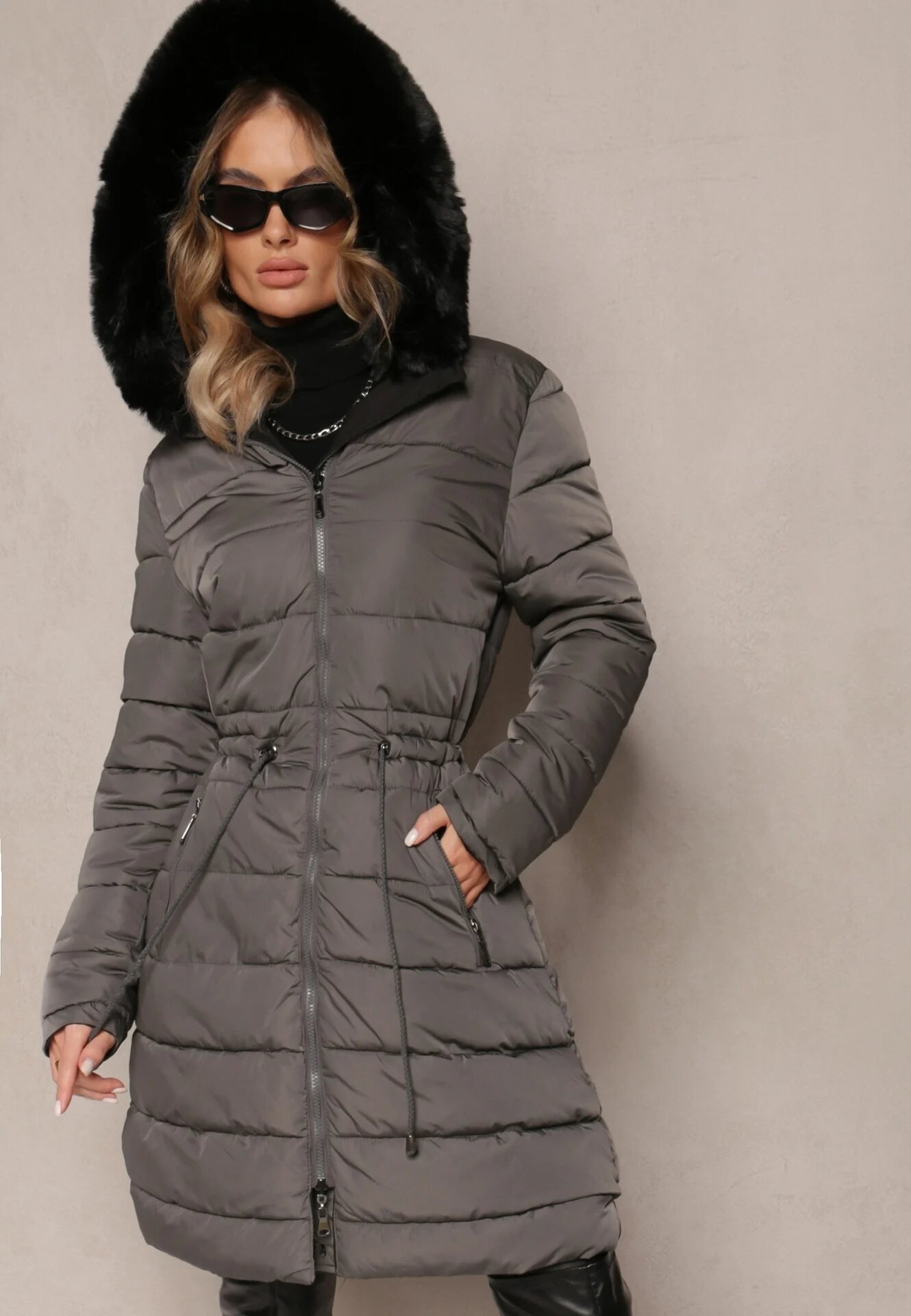 j.style Geacă Palton Lungă Gri-Negru reversibilă cu glugă Astrae