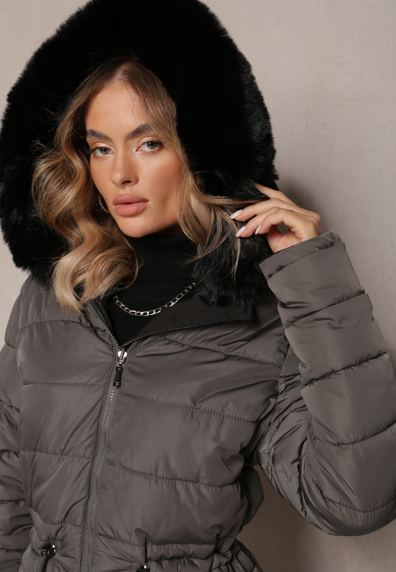 j.style Geacă Palton Lungă Gri-Negru reversibilă cu glugă Astrae