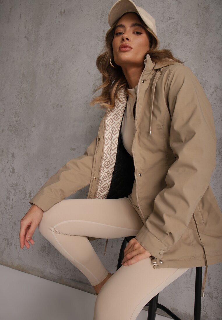 j.style Geacă Parka Bej închis cu Glugă cu Model Original pe Interior Tiosara