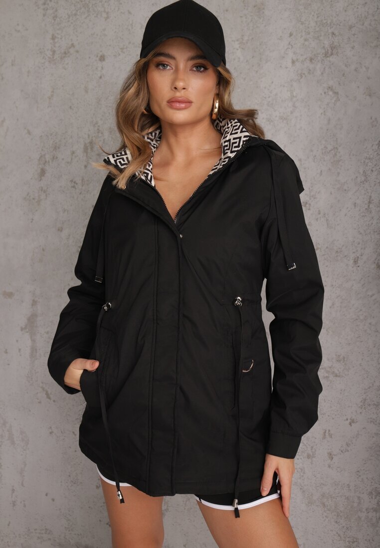 j.style Geacă Parka Neagră cu Glugă cu Model Original la Interior Tiosara