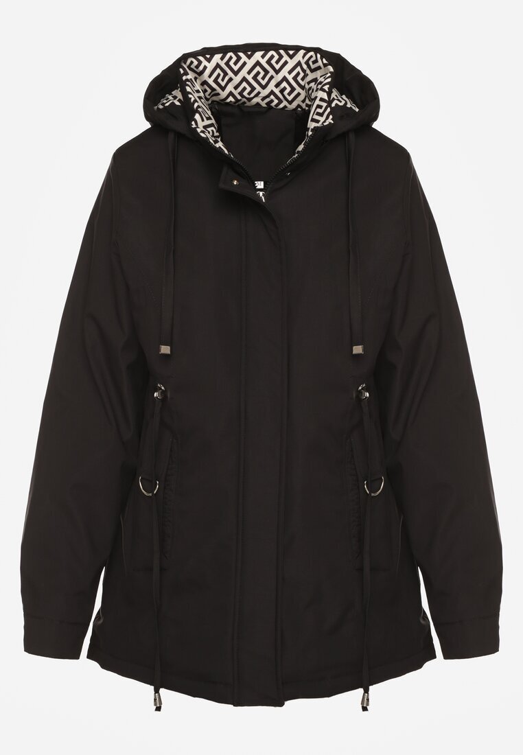 j.style Geacă Parka Neagră cu Glugă cu Model Original la Interior Tiosara