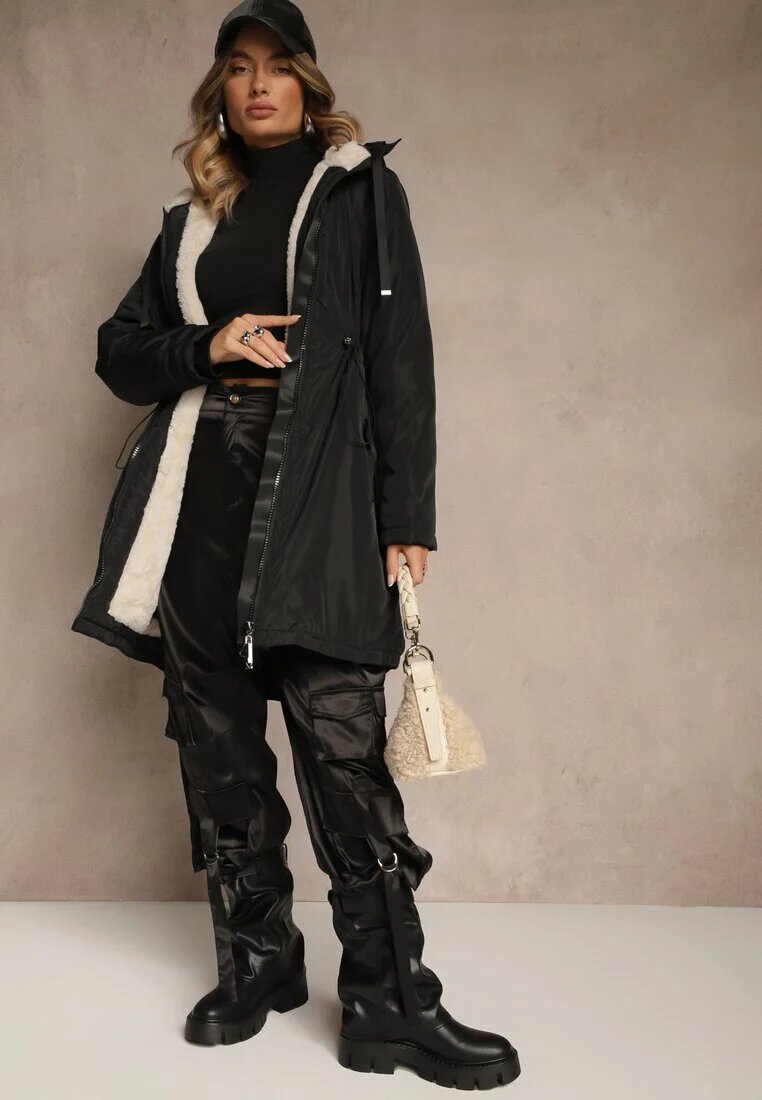 j.style Geacă Parka Negru Stil casual Căptușită cu blană