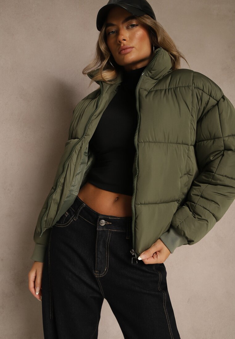 j.style Jachetă Puffer Verde închis cu cusături matlasate și manșete elastice Cenilea