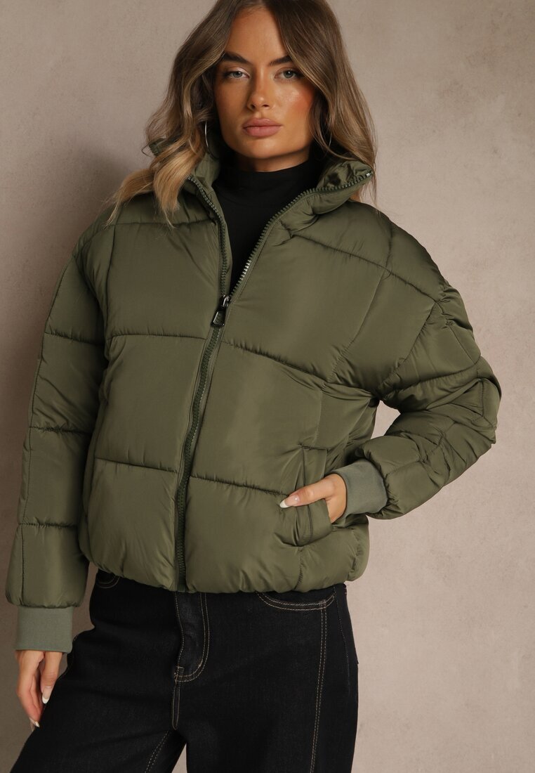 j.style Jachetă Puffer Verde închis cu cusături matlasate și manșete elastice Cenilea