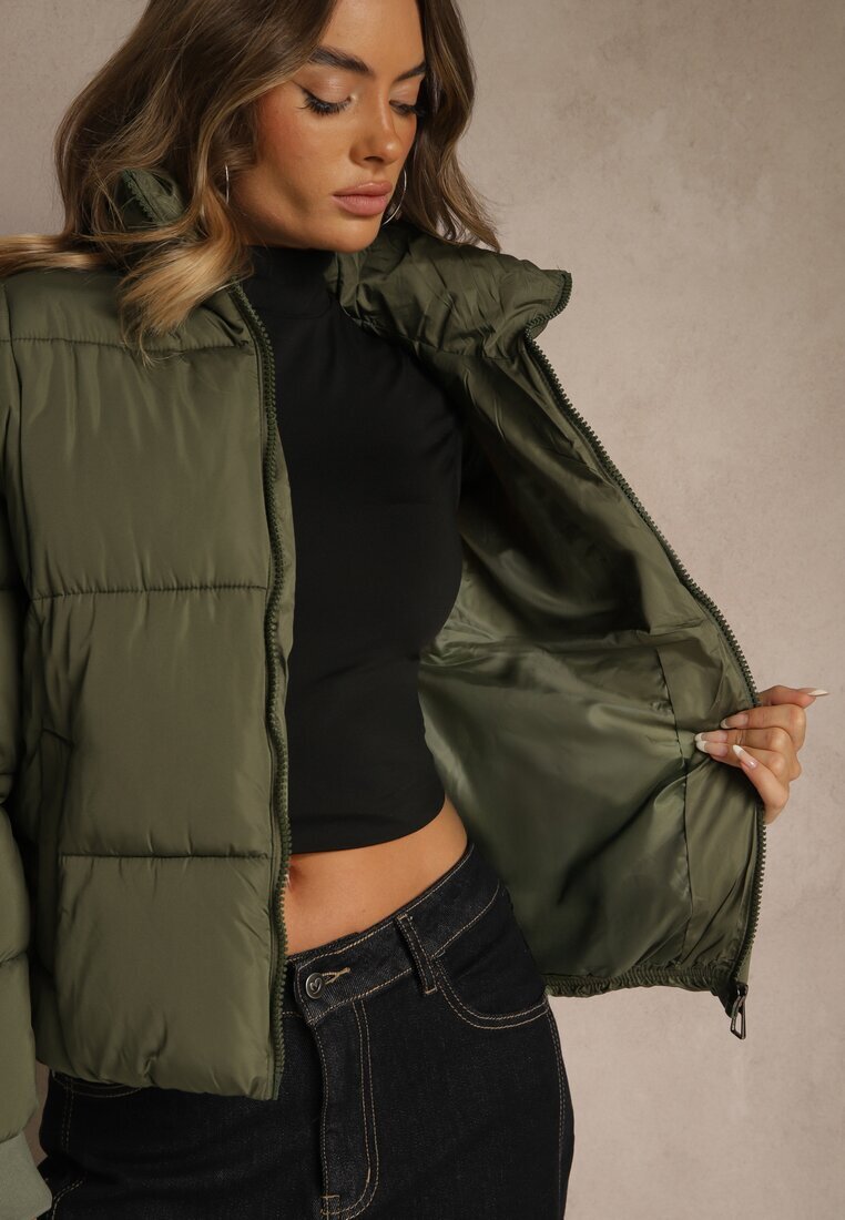 j.style Jachetă Puffer Verde închis cu cusături matlasate și manșete elastice Cenilea