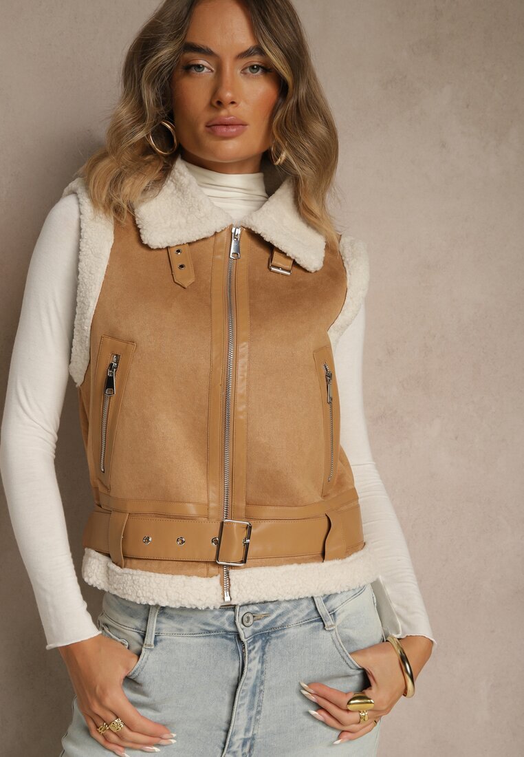 j.style Vestă bej în stil Rock cu blană artificială tip miel și cataramă Tiofira