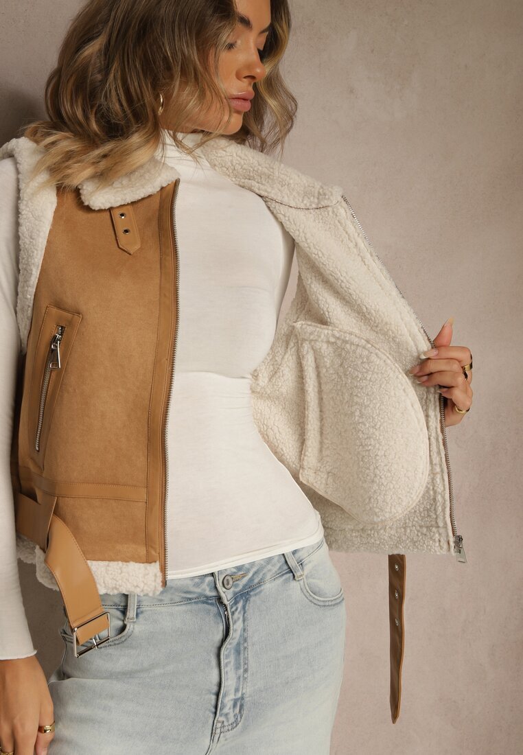 j.style Vestă bej în stil Rock cu blană artificială tip miel și cataramă Tiofira