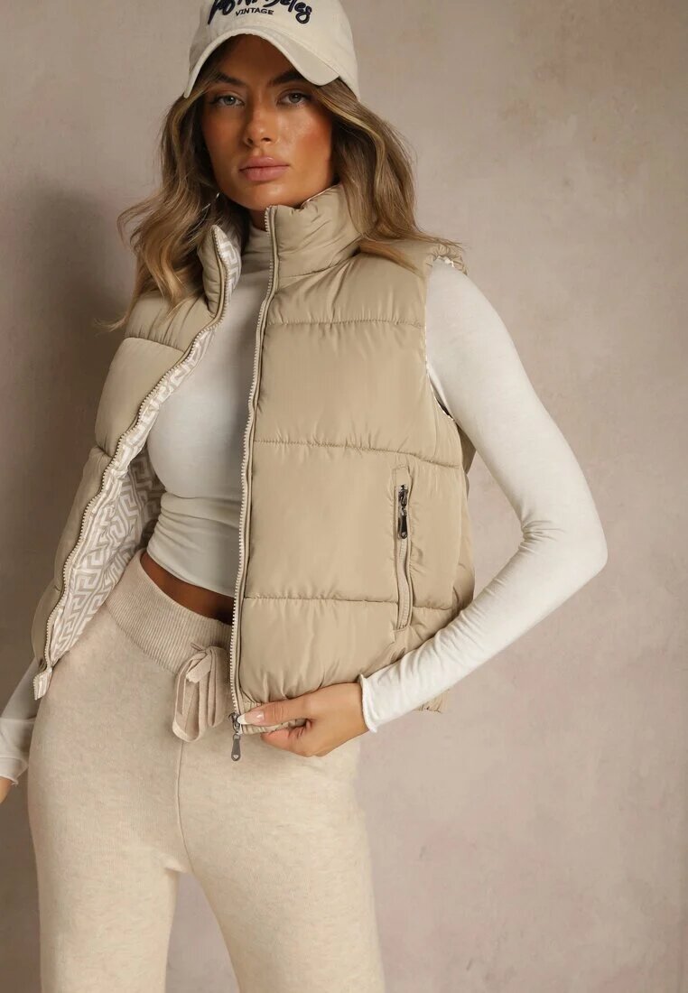 j.style Vestă Bej închis Decorată cu Matlasare și Căptușeală Imprimată cu Meandru Olerea