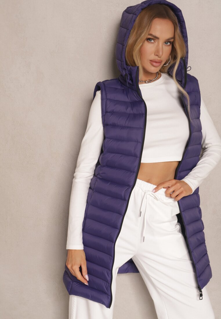 j.style Vestă Lungă Mov închis cu Glugă și Cusături decorative Vitiena