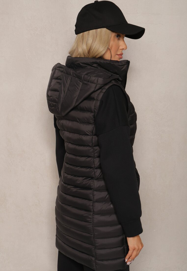 j.style Vestă Lungă Neagră cu glugă și matlasare decorativă Vitiena