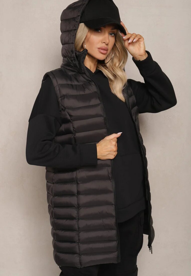 j.style Vestă Lungă Neagră cu glugă și matlasare decorativă Vitiena