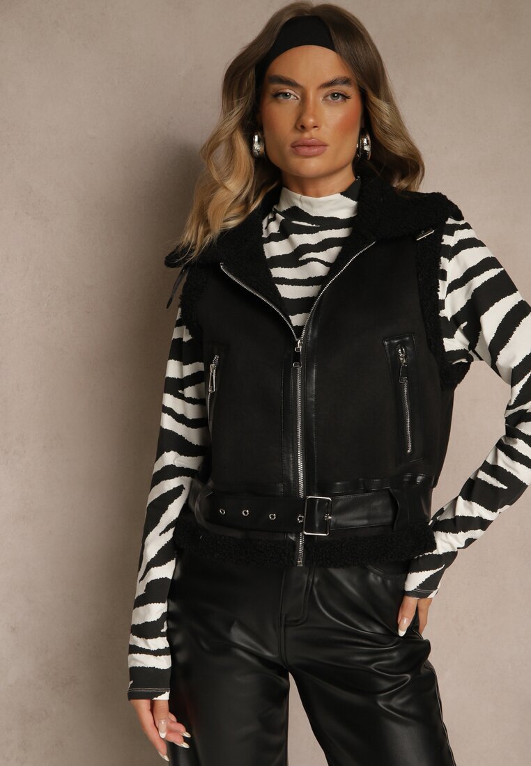 j.style Vestă Neagră în Stil Rock cu Blăniță tip Miel și Cataramă Tiofira