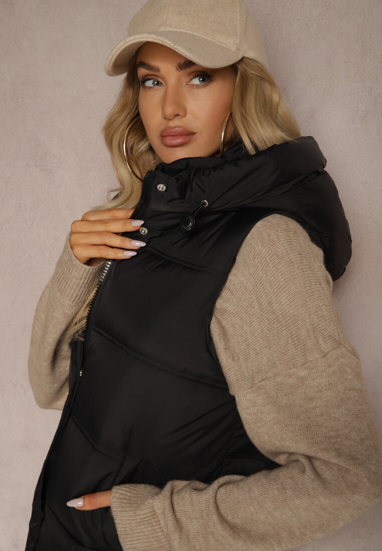 j.style Vestă Neagră Matlasată cu Glugă și Fermoar Decorativ Tomtalisa