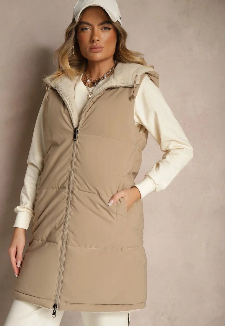 j.style Vestă Reversibilă Bej închis cu blană tip miel și cusături matlasate cu glugă Lertitana