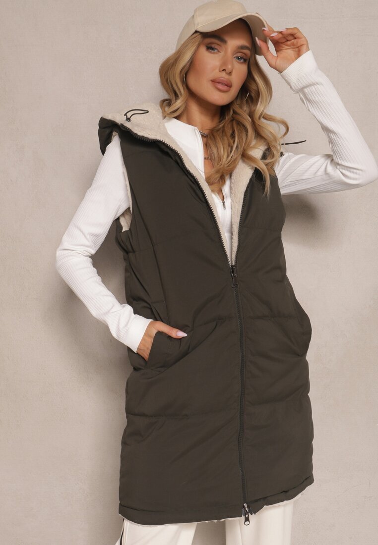 j.style Vestă Reversibilă cu Blană tip Miel și Cusături Matlasate cu Glugă Verde închis Lertitana