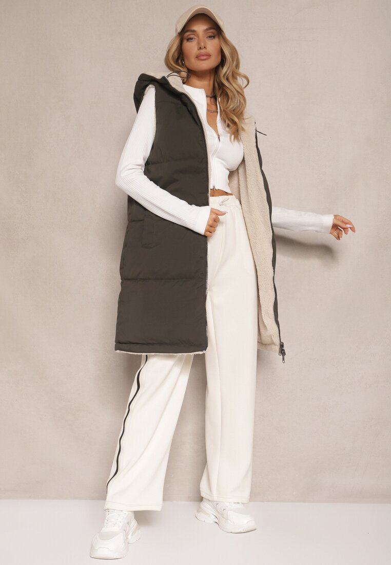 j.style Vestă Reversibilă cu Blană tip Miel și Cusături Matlasate cu Glugă Verde închis Lertitana