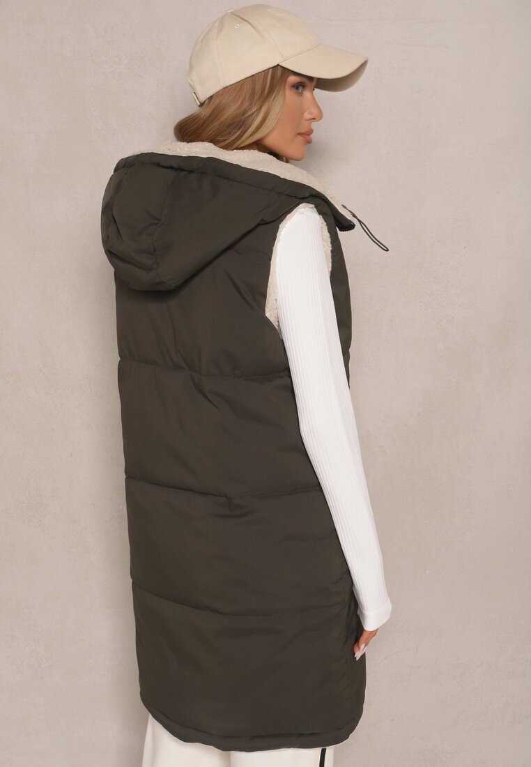 j.style Vestă Reversibilă cu Blană tip Miel și Cusături Matlasate cu Glugă Verde închis Lertitana