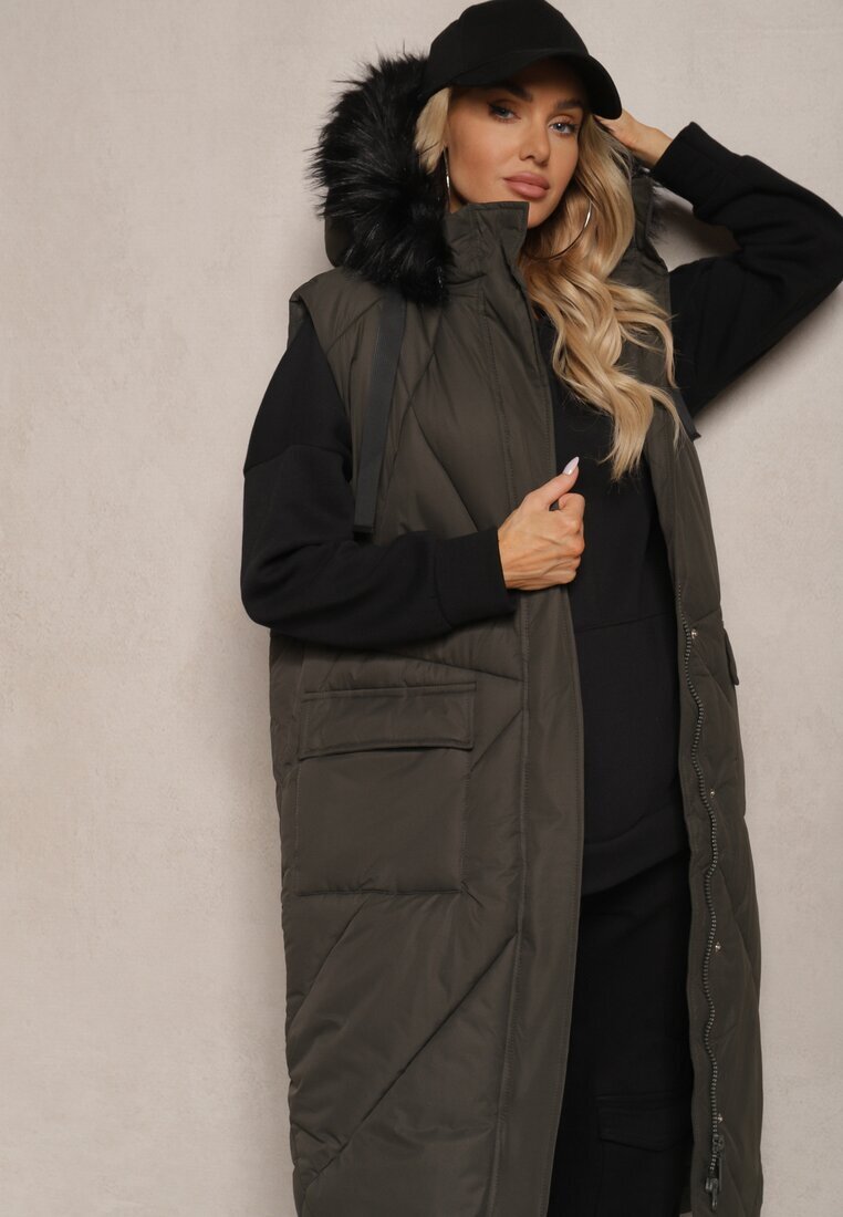 j.style Vestă Verde închis lungă matlasată și glugă decorată cu blană Avarilla