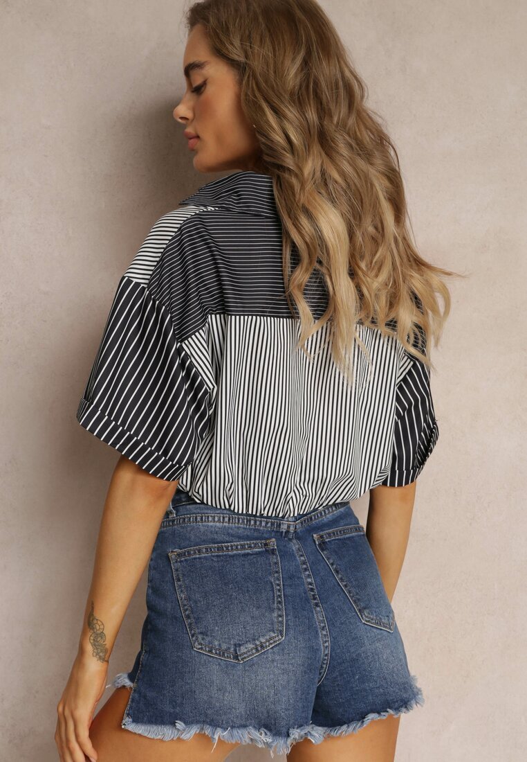 j&x Bluză Neagră Scurtă Stil retro cu nasturi Decorată cu dungi Fito