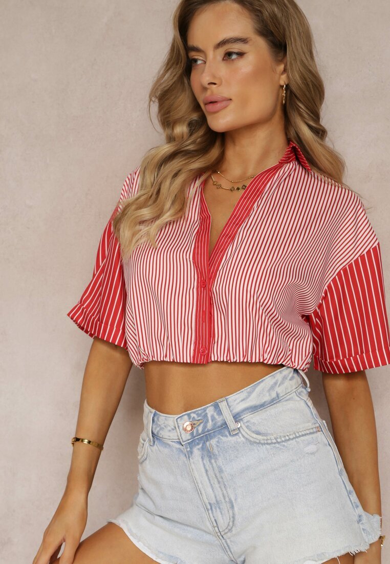 j&x Bluză Roșie Scurtă Stil Retro Cu nasturi Decorată Cu dungi Fito