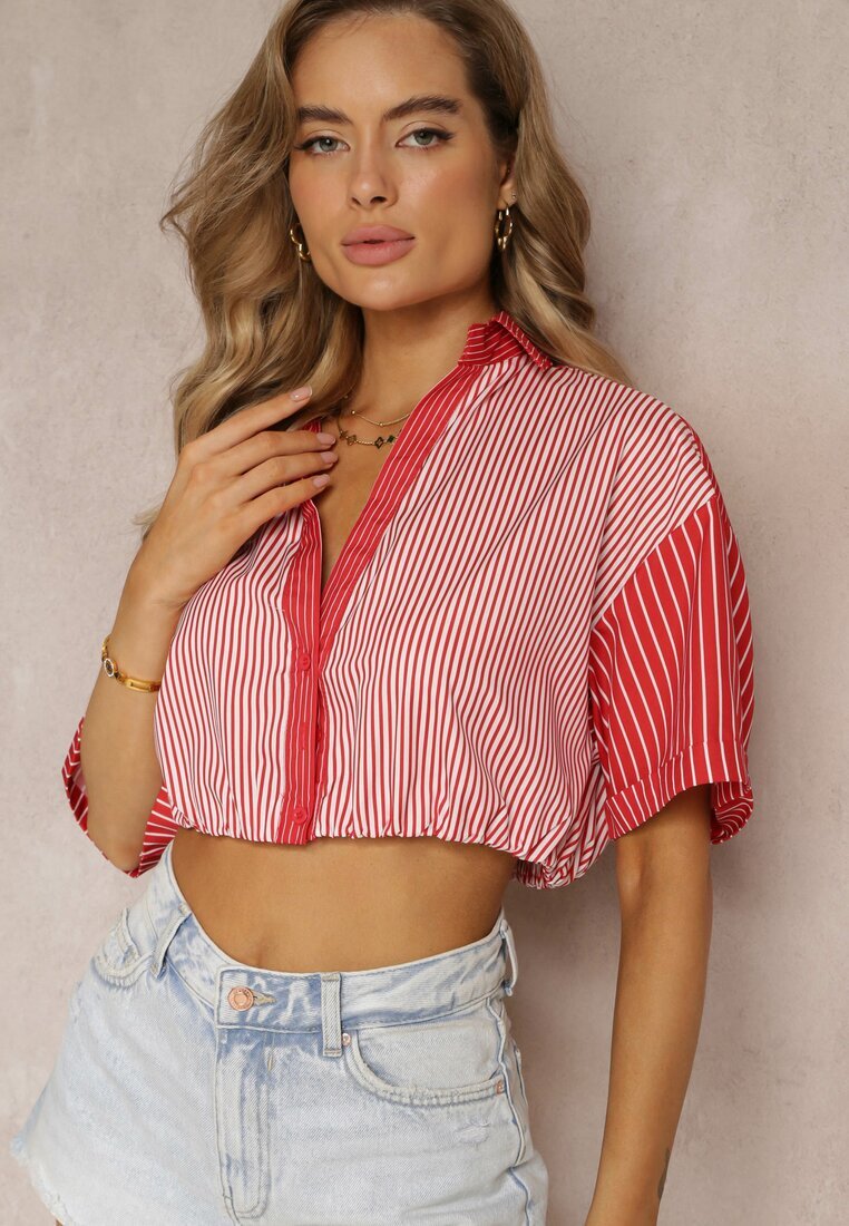 j&x Bluză Roșie Scurtă Stil Retro Cu nasturi Decorată Cu dungi Fito