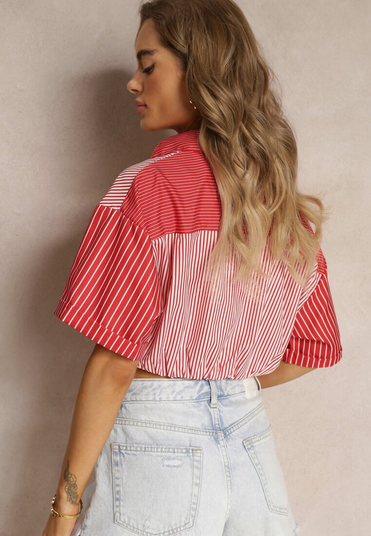 j&x Bluză Roșie Scurtă Stil Retro Cu nasturi Decorată Cu dungi Fito