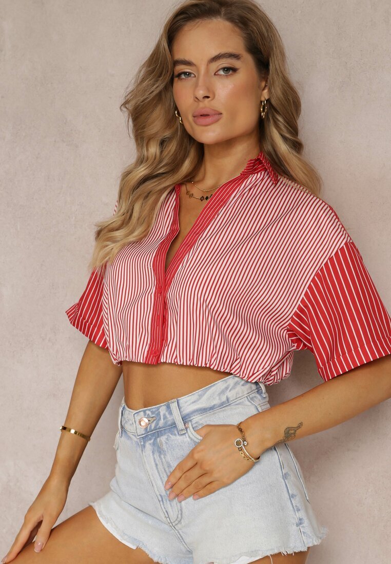j&x Bluză Roșie Scurtă Stil Retro Cu nasturi Decorată Cu dungi Fito