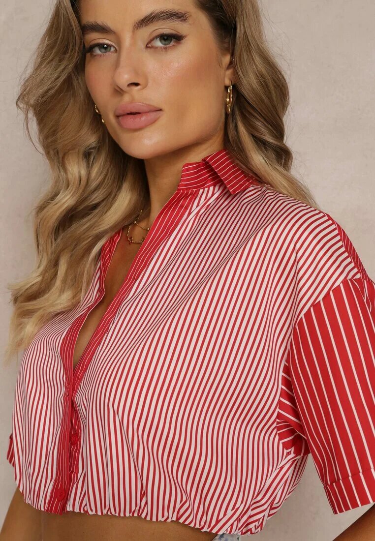 j&x Bluză Roșie Scurtă Stil Retro Cu nasturi Decorată Cu dungi Fito