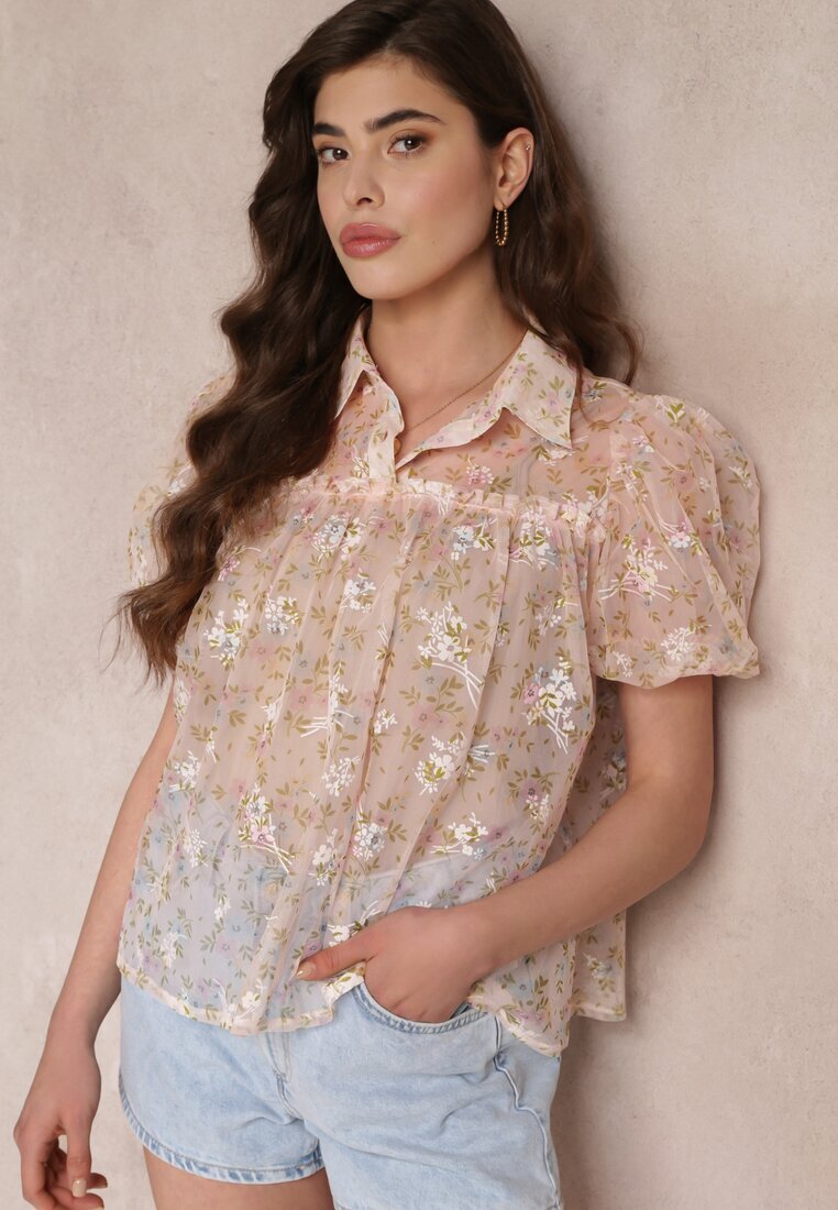 j&x Bluză roză din plasă cu imprimeu floral și guler Kiasia